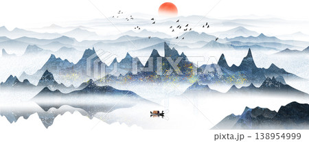 New Chinese and Japanese style landscape architecture illustration with traditional aesthetic art imagery 138954999