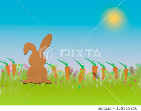 Easter bunny rabbit in green meadow of carrots 138955150