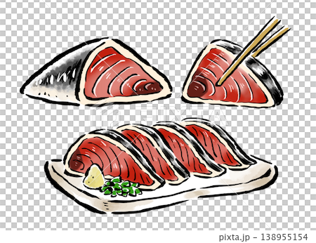かつおのたたき 皿に盛ったもの・ブロック・箸でつまむ 筆タッチ手描きイラスト かつおのたたき 皿に盛ったもの・ブロック・箸でつまむ 筆タッチ手描きイラスト 138955154