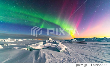 【AI生成画像】宇宙の世界 氷の惑星に広がる美しいオーロラ 138955352