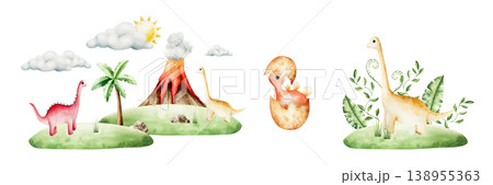 Scenes with dinosaurs, volcano eruption, baobab, pterodactyl, dino egg, clouds. Watercolor hand drawn prehistoric triceratops, diplodocus, Spinosaurus, Brachiosaurus animal. Isolated illustration on Scenes with dinosaurs, volcano eruption, baobab, pterodactyl, dino egg, clouds. Watercolor hand drawn prehistoric triceratops, diplodocus, Spinosaurus, Brachiosaurus animal. Isolated illustration on 138955363