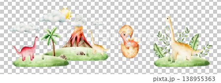 Scenes with dinosaurs, volcano eruption, baobab, pterodactyl, dino egg, clouds. Watercolor hand drawn prehistoric triceratops, diplodocus, Spinosaurus, Brachiosaurus animal. Isolated illustration on Scenes with dinosaurs, volcano eruption, baobab, pterodactyl, dino egg, clouds. Watercolor hand drawn prehistoric triceratops, diplodocus, Spinosaurus, Brachiosaurus animal. Isolated illustration on 138955363