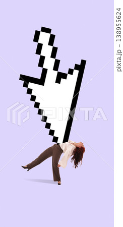 Woman bending backward under giant cursor arrow pointer on minimal background. Woman bending backward under giant cursor arrow pointer on minimal background. 138955624
