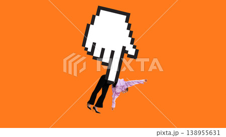 Woman dragged downward by giant cursor hand pointer on bright orange background. 138955631