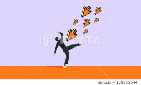 Man dodging multiple falling cursor arrows on minimal colorful background. Man dodging multiple falling cursor arrows on minimal colorful background. 138955644