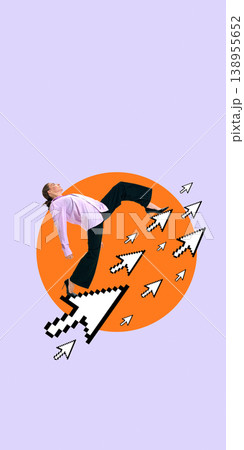 Woman losing balance on cursor pointer surrounded by multiple arrows. 138955652