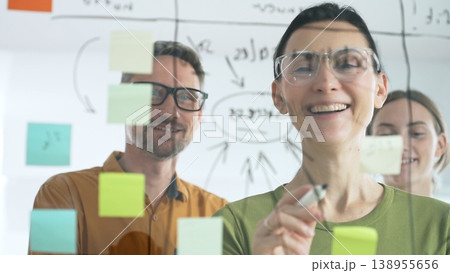 Business people team brainstorming strategic goals, mapping innovative concepts on transparent whiteboard with colorful sticky notes and black marker in modern office 138955656