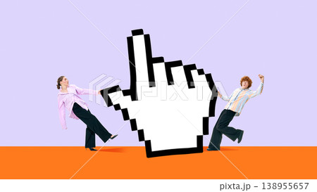 Two people holding onto giant cursor pointer between them on minimal background concept of digital conflict. 138955657