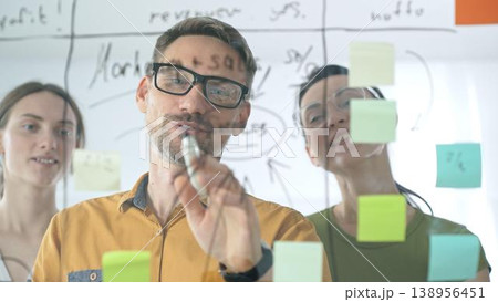 Business colleagues planning strategy, writing notes on glass wall, collaborating with enthusiasm in bright contemporary workspace Business colleagues planning strategy, writing notes on glass wall, collaborating with enthusiasm in bright contemporary workspace 138956451