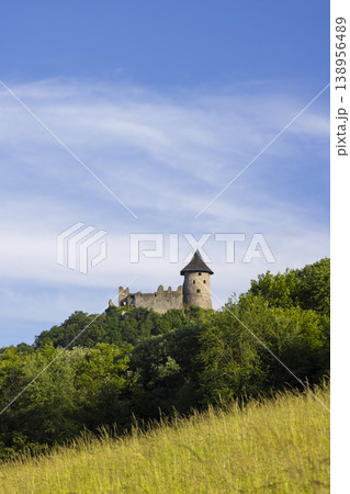 Salgotarjan Castle standing on hill against blue sky Salgotarjan Castle standing on hill against blue sky 138956489