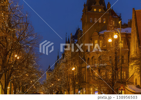 Prague old town street decorated with Christmas lights at night Prague old town street decorated with Christmas lights at night 138956503