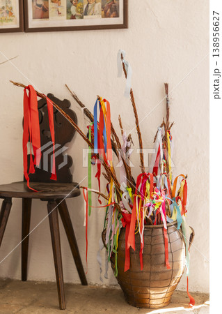 Czech Easter pomlazka willow branches with colorful ribbons 138956627