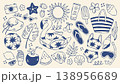 Mediterranean summer vector set with beach icons and tropical elements. Hand drawn blue travel illustrations featuring flamingo, sun and fruits for modern vacation branding and coastal design 138956689