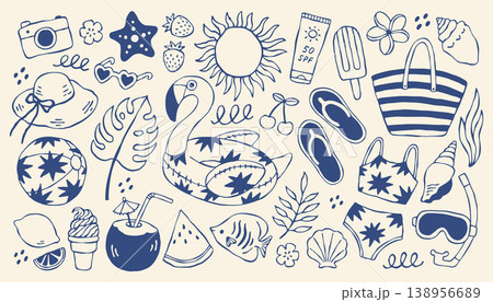 Mediterranean summer vector set with beach icons and tropical elements. Hand drawn blue travel illustrations featuring flamingo, sun and fruits for modern vacation branding and coastal design 138956689
