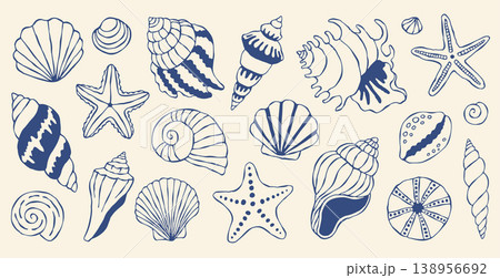 Mediterranean seashells vector set featuring blue hand drawn marine icons. Elegant nautical starfish and sea shells collection for coastal branding and summer design projects. Vector art set Mediterranean seashells vector set featuring blue hand drawn marine icons. Elegant nautical starfish and sea shells collection for coastal branding and summer design projects. Vector art set 138956692
