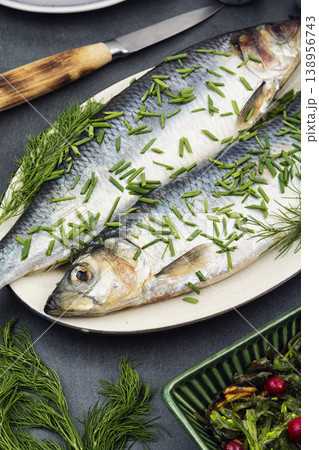 Salted herring with dill and green onion Salted herring with dill and green onion 138956743