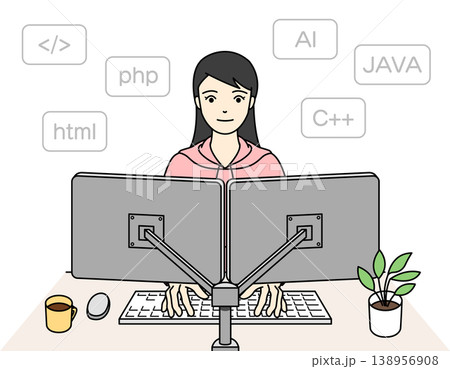 プログラミングの学習や開発に集中する女性のイラスト プログラミングの学習や開発に集中する女性のイラスト 138956908