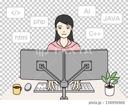 プログラミングの学習や開発に集中する女性のイラスト プログラミングの学習や開発に集中する女性のイラスト 138956908