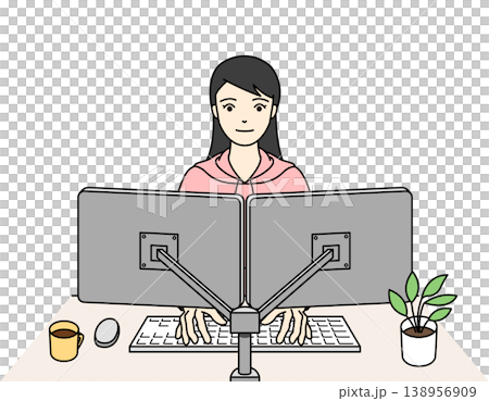 一幅描繪女性在辦公桌前使用電腦的插圖。 138956909