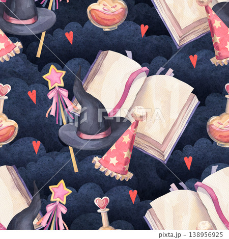 A watercolor seamless pattern themed around magic and witchcraft A watercolor seamless pattern themed around magic and witchcraft 138956925