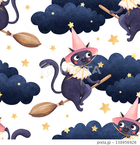 A watercolor pattern featuring a magical cat flying on a broomstick 138956926