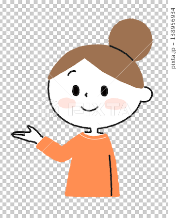 An illustration of a casually dressed woman extending one hand to guide someone. 138956934