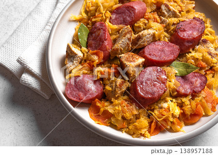 Polish Bigos meal or Hunter's stew with sausages, meat and cabbage Polish Bigos meal or Hunter's stew with sausages, meat and cabbage 138957188