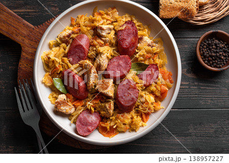 Polish Bigos meal or Hunter's stew with sausages, meat and cabbage Polish Bigos meal or Hunter's stew with sausages, meat and cabbage 138957227