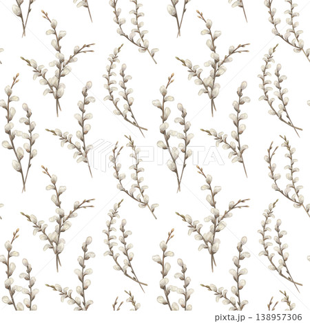 Seamless pattern with hand painted watercolor pussy willow branches. Botanical repeat texture with fluffy spring twigs for easter decoration, wedding invitation and fabric print design. 138957306