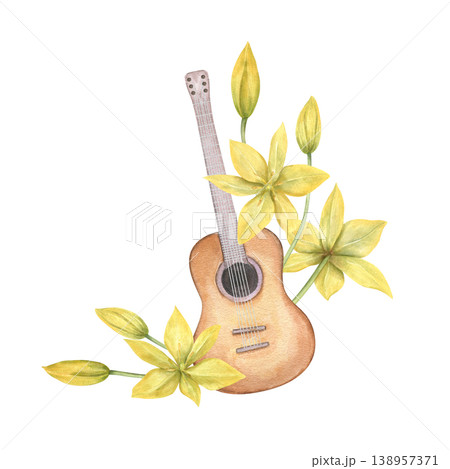 Acoustic guitar decorated with yellow lily flowers. Musical instrument composition for romantic event. Artistic botanical illustration in watercolor style for greeting card design. Acoustic guitar decorated with yellow lily flowers. Musical instrument composition for romantic event. Artistic botanical illustration in watercolor style for greeting card design. 138957371