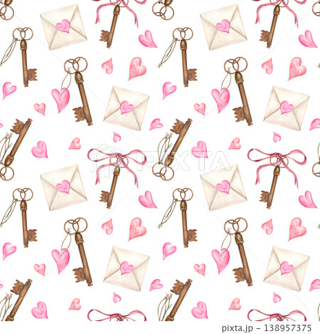 Seamless pattern with watercolor antique key, pink heart and envelope. Romantic ornate for Valentine Day. Illustration of love symbols and vintage objects for greeting card design. Seamless pattern with watercolor antique key, pink heart and envelope. Romantic ornate for Valentine Day. Illustration of love symbols and vintage objects for greeting card design. 138957375