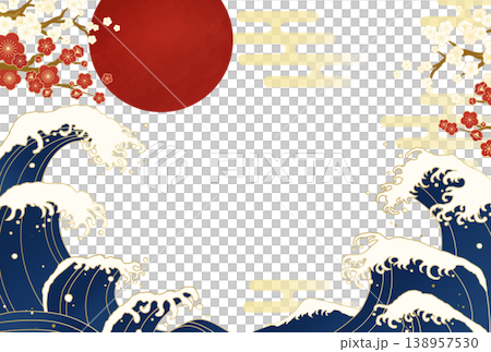 Japanese New Year's Background: Large Waves, Plum Blossoms, and a Red Sun - Traditional Japanese Design Template Japanese New Year's Background: Large Waves, Plum Blossoms, and a Red Sun - Traditional Japanese Design Template 138957530
