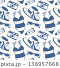 Seamless pattern with camera, swimsuit, hat, sunglasses, and sunscreen lotion for summer vacation travel. Flat style illustration for fabric, paper. 138957668