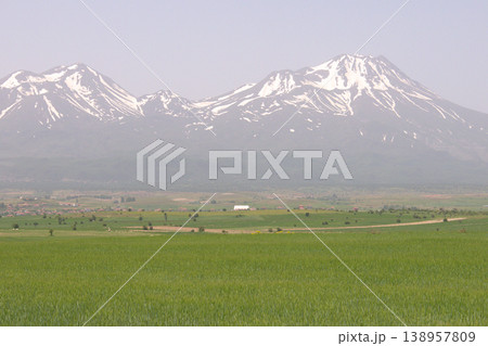 Mount Hasan Volcano Cappadocia Landscape. Majestic snow-capped Mount Hasan peaks over green spring fields in Cappadocia, Turkey. Mount Hasan Volcano Cappadocia Landscape. Majestic snow-capped Mount Hasan peaks over green spring fields in Cappadocia, Turkey. 138957809