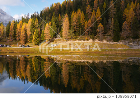 Lake Antorno with autumn forest and lake reflection in Dolomites, Italy Lake Antorno with autumn forest and lake reflection in Dolomites, Italy 138958071