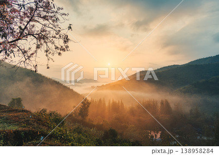 Sunrise over foggy mountain in tropical rainforest at countryside Sunrise over foggy mountain in tropical rainforest at countryside 138958284