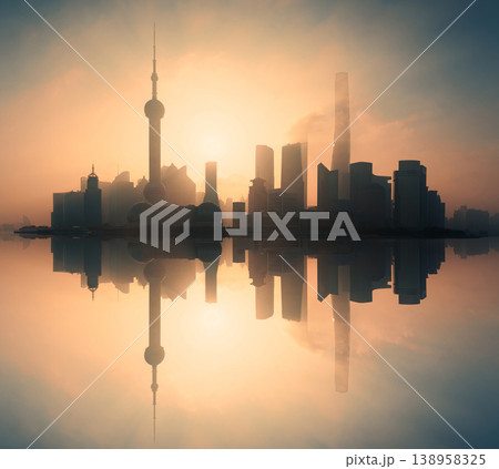 Foggy sunrise over Shanghai skyline with Oriental Pearl Tower and financial skyscraper in Pudong district Foggy sunrise over Shanghai skyline with Oriental Pearl Tower and financial skyscraper in Pudong district 138958325