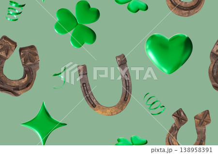 The seamless pattern features various symbols of good luck like horseshoes, hearts, and clovers scattered on a smooth light green background. Each element adds to a cheerful vibe The seamless pattern features various symbols of good luck like horseshoes, hearts, and clovers scattered on a smooth light green background. Each element adds to a cheerful vibe 138958391