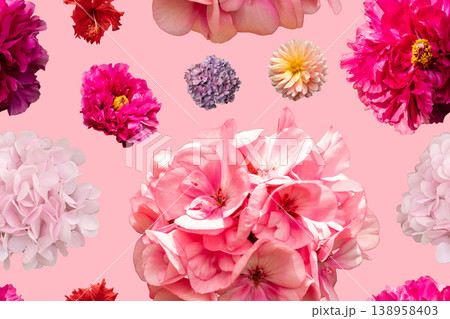 This seamless pattern shows a mix of different flowers like peonies and hydrangeas scattered across a pink background. The design is suitable for crafts or clothing 138958403