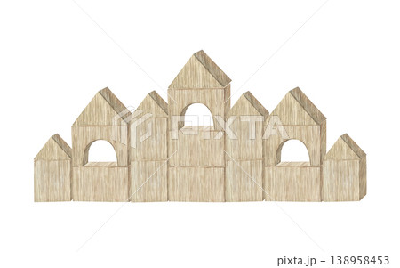 Watercolor illustration of a house made of wooden blocks and pyramids. Watercolor illustration of a house made of wooden blocks and pyramids. 138958453