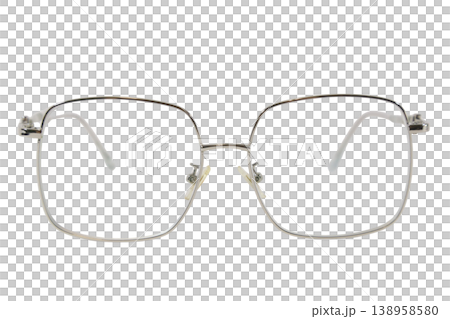 Stylish silver metal square eyeglasses frame on transparent background. 138958580