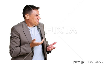 Man gesturing with hands, feeling disgust and rejection Man gesturing with hands, feeling disgust and rejection 138958777