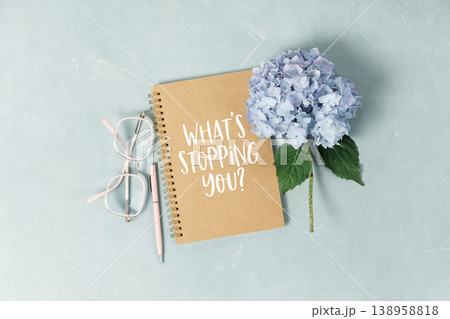 Motivational Notebook with Hydrangea and Glasses Flat Lay Motivational Notebook with Hydrangea and Glasses Flat Lay 138958818