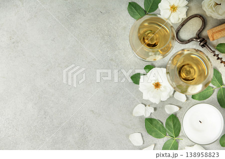 Wine Tasting Flat Lay with Roses, Petals, and Corkscrew Wine Tasting Flat Lay with Roses, Petals, and Corkscrew 138958823