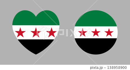 Syria country flag heart shaped, round sticker, button set. New circular, heart icon, background national flag of Syrian Arab republic. Syria flag badge, banner in circle, heart shape. 138958900