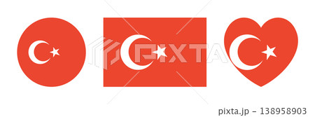 National Flag of Turkey button, sticker set. Flag rectangular, round, heart icon, badge. Turkish flag circle, rectangle, heart shaped banner, background. 138958903