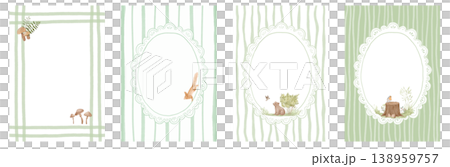 Watercolour frames set with forest animals squirrel, baby bear and bird, cute illustrations with pattern for greeting, summer childish cottagecore decoration Watercolour frames set with forest animals squirrel, baby bear and bird, cute illustrations with pattern for greeting, summer childish cottagecore decoration 138959757