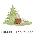 Watercolor sitting hare in forest. Isolated clipart of woodland animals. Hand drawn illustration 138959758