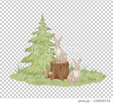 Watercolor sitting hare in forest. Isolated clipart of woodland animals. Hand drawn illustration Watercolor sitting hare in forest. Isolated clipart of woodland animals. Hand drawn illustration 138959758