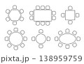 Floor plan icons set showing round table with chairs from top view for restaurant layout design, wedding seating arrangement, and event planning blueprints. 138959759
